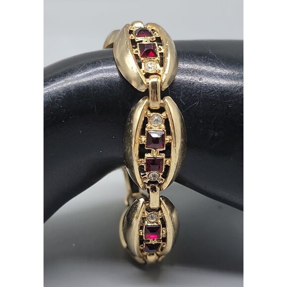 Gold Plated Oval Link Rhinestone Tennis Bracelet Red & Clear Glass Stones SZ 7 - Picture 1 of 12